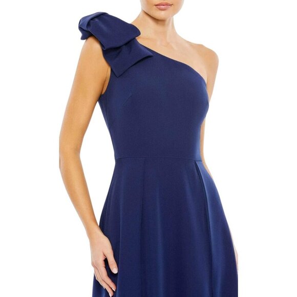 Ieena for Mac Duggal Bow One Shoulder A-Line Gown Womens 16 Navy Formal Slit NWT - Picture 2 of 16